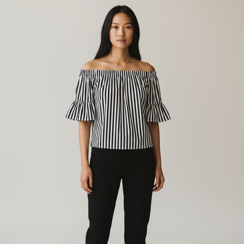 Ambiance Black & White Striped Strapless Off The Shoulder Blouse Short Sleeve M
